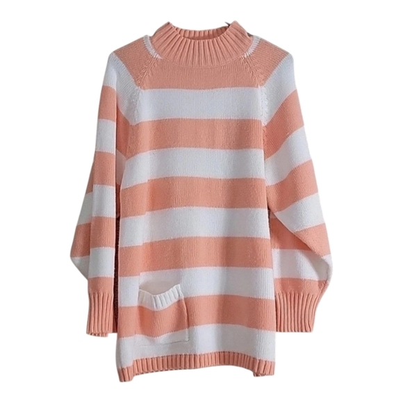 Vintage Favorites Striped Sweater Peach White Knit Pullover Made in Hong Kong - Picture 2 of 10